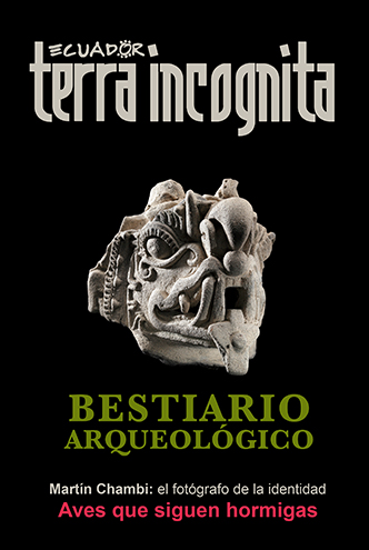 Portada de la revista Ecuador Terra Incognita No. 115: Cabeza zoom&oacute;rfica en cer&aacute;mica de la cultura La Tolita (350 a. C.-350 d. C.), del norte de Esmeraldas. Es probable que represente una deidad h&iacute;brida entre varios animales. Foto: Casa del Alabado