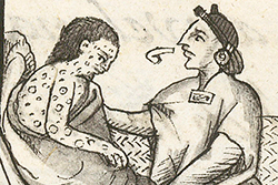 Ilustración que narra la epidemia de la viruela que devastó a la población azteca durante la Conquista. Corresponde al libro XII de "Historia General de las Cosas de la Nueva España", conocido como Códice Florentino. El códice fue recopilado por pupilos nahuales del franciscano Bernardino de Sahagún entre 1540 y 1585. Parte del trabajo se hizo bajo confinamiento sanitario en el convento de Santa Cruz de Tlatelolco, y por eso los vívidos colores de la primera parte desaparecen a partir del libro IX; se volvió muy riesgoso salir a conseguir las tinturas. / Biblioteca Laurenciana