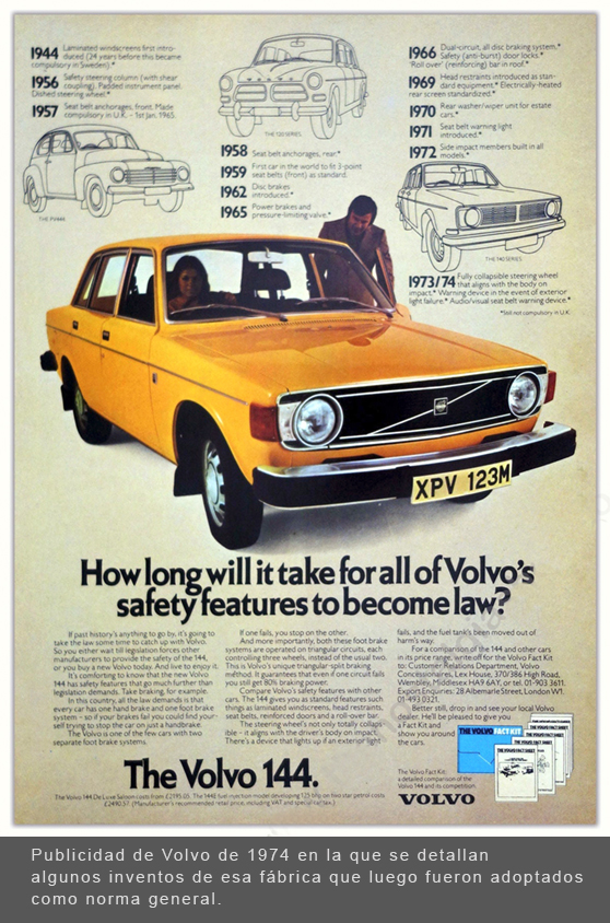 Publicidad de Volvo de 1974 en la que se detallan algunos inventos de esa fábrica que luego fueron adoptados como norma general.