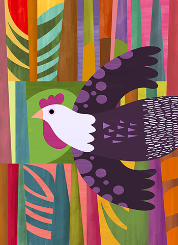 Ilustración de "Pollo sudado", por Esteban Garcés, para la serie de cocina ecuatoriana "Allimicuna", escrita por Julio Pazos Barrera. Revista Ecuador Terra Incognita no. 138.